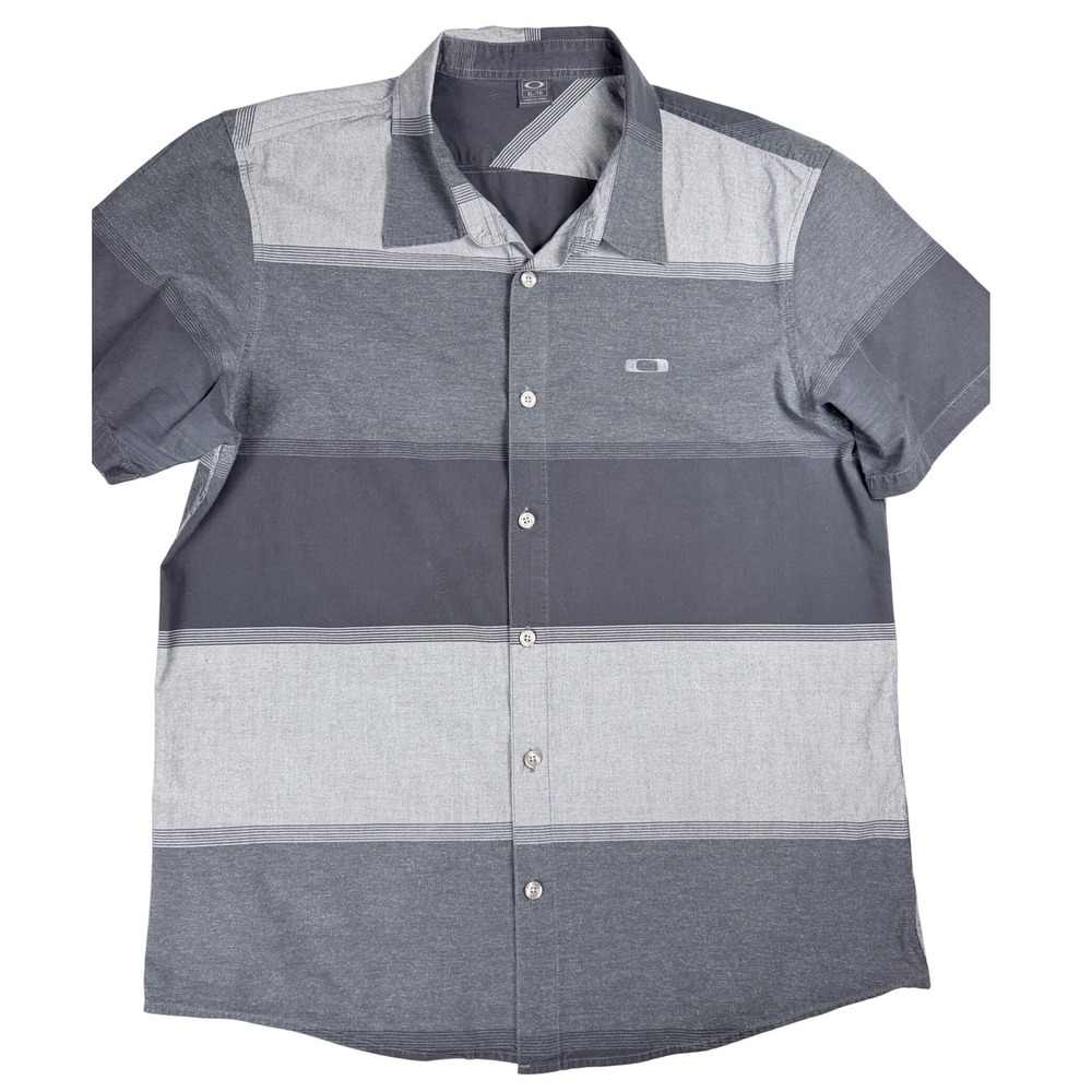 Oakley Mens XL Short Sleeve Button Down Shirt Grey Striped Logo‎ Casual Sport